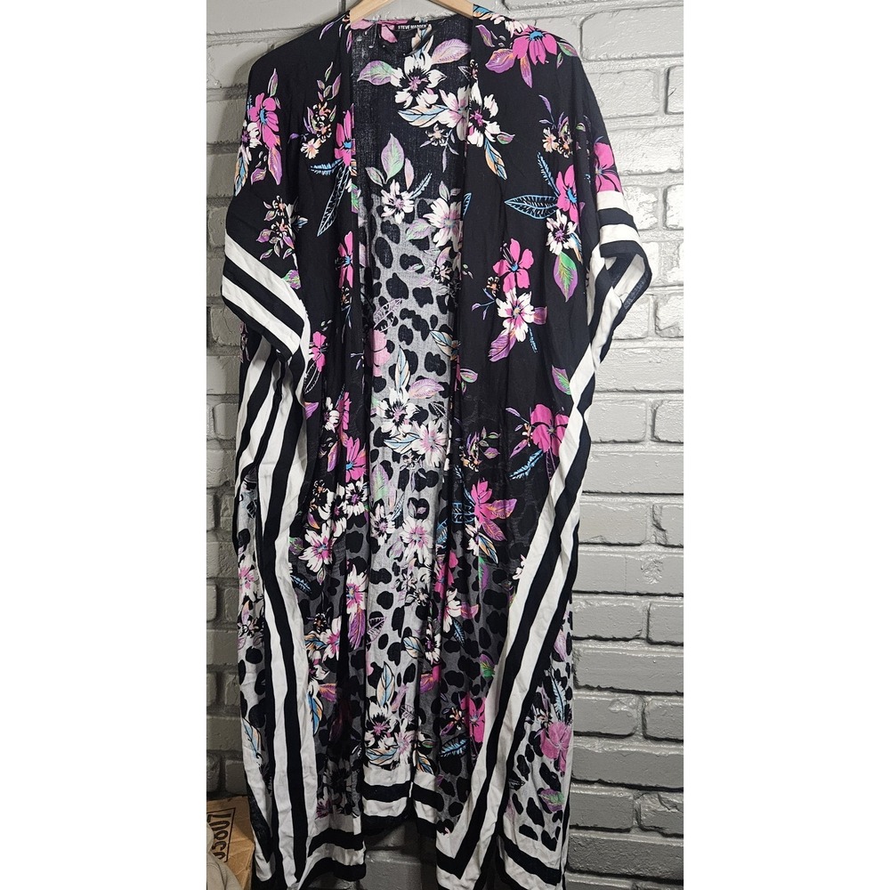 Steve Madden Womens Kimono One Size Floral Duster Leopard Print Pink Stripe